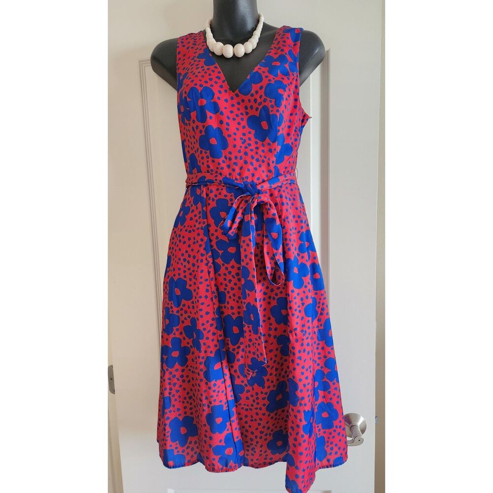 ModCloth Timeless Magnetism A-Line Red Blue Floral Op Art Belted Dress Size S